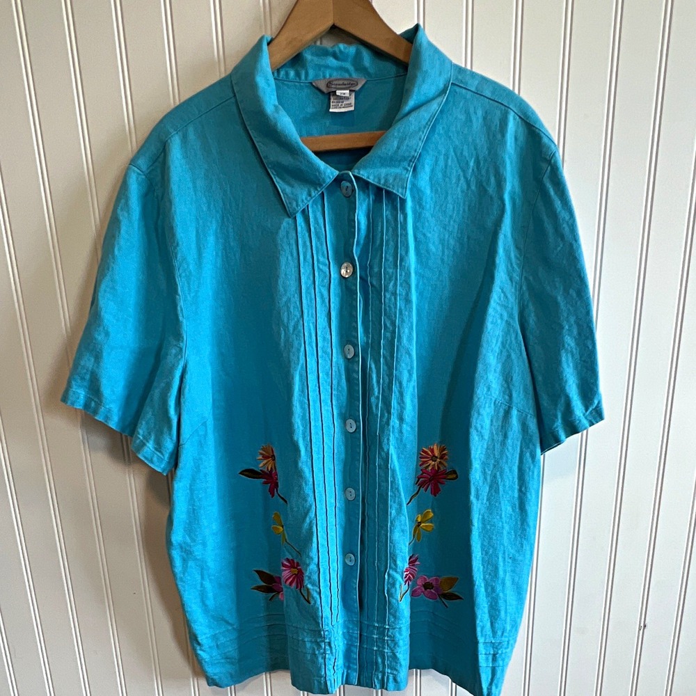 Stonebridge Womens Plus 2X Blue Linen Rayon Button Up Blouse Floral embroidered